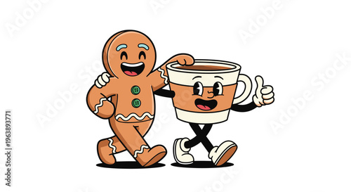 cartoon gingerbread man and a coffee cup walk together as friends in a whimsical character illustration with a vintage animation style.