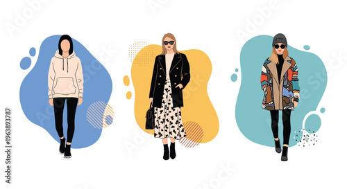 three fashionably dressed women showcase different styles of winter and autumn apparel against a backdrop of abstract colorful blobs.