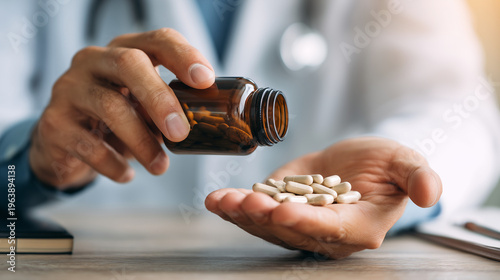 Close up of hand pouring pills from bottle into palm, medication use concept, healthcare treatment, dosage control and pharmaceutical routine.