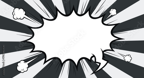 comic book speech bubble explosion features a blank white space for text with dynamic radiating lines and puffs of smoke in black and white.