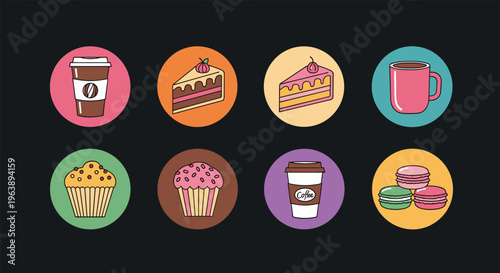 selection of eight circular food and drink icons features coffee cups muffins cakes and macarons on a dark background for app design.
