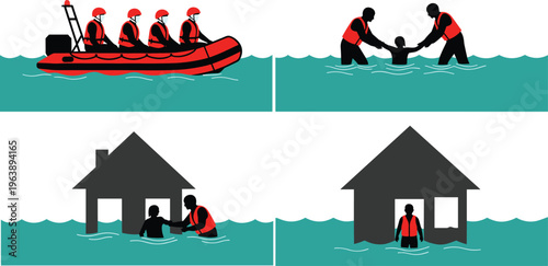 Flood rescue and disaster relief scene with rescue team saving people by boat near flooded houses vector illustration