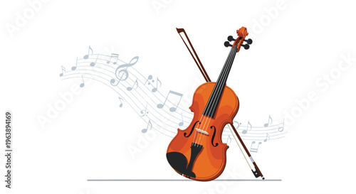 elegant wooden violin and its bow are surrounded by flowing musical notes and symbols to represent a beautiful classical performance.