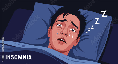 man suffering from insomnia lies awake in bed with wide eyes and sweat on his face while the word insomnia is written in bold white text.