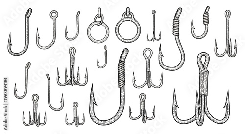 Set of Hand Drawn Fishing Hooks and Treble Hooks