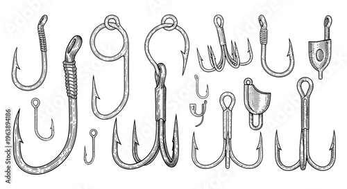 Set of Hand Drawn Fishing Hooks and Tackle Equipment