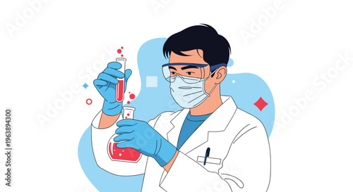 Professional male scientist in lab coat and mask performing complex chemical experiments with test tubes and glass flasks.