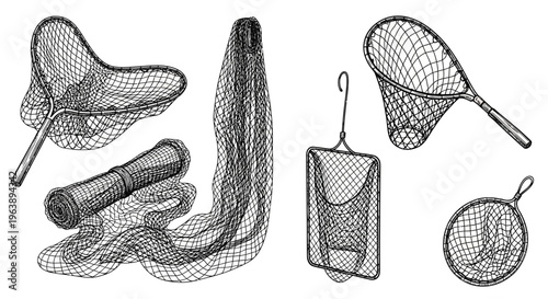 Set of Hand Drawn Fishing Nets and Landing Nets Illustration