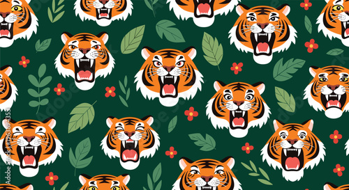 Bold seamless pattern showcasing roaring tiger heads and green tropical leaves on a dark forest green background for textile.