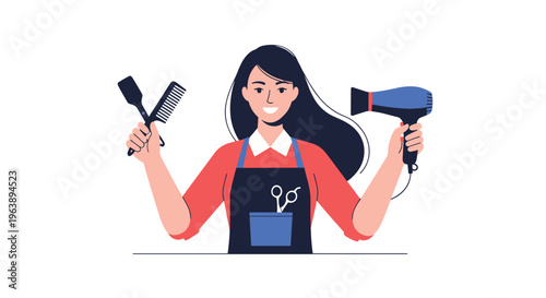 Friendly female hairdresser in an apron holding a comb and a blue hair dryer ready for a professional client session.