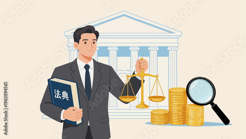 Man in suit with scales and coins