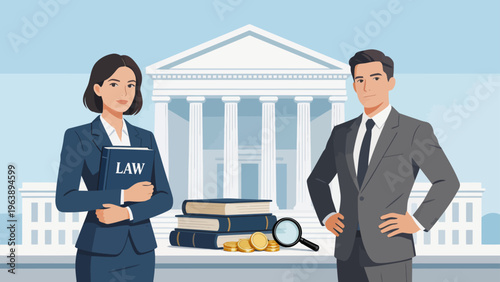 Lawyers standing in front of courthouse