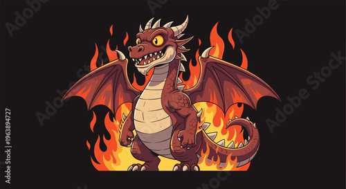 Fierce little red dragon standing amidst bright orange flames with wings spread in a dark cave or underground lair.