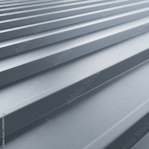 Close-up view of corrugated metal roofing sheets with a reflective surface. Corrugated Metal Roofing / Industrial Texture