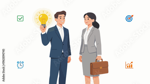 Businessman and businesswoman with lightbulb