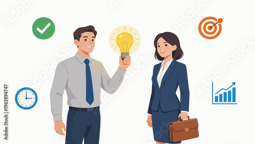 Businessman and businesswoman with lightbulb