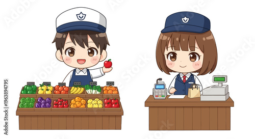 Cartoon convenience store workers.
