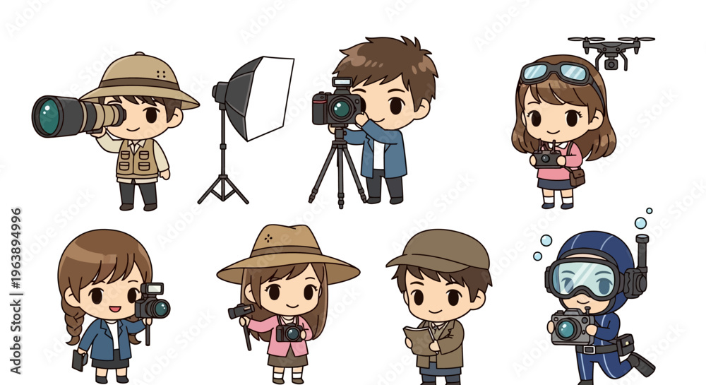 Obraz premium Cartoon photographers with equipment.