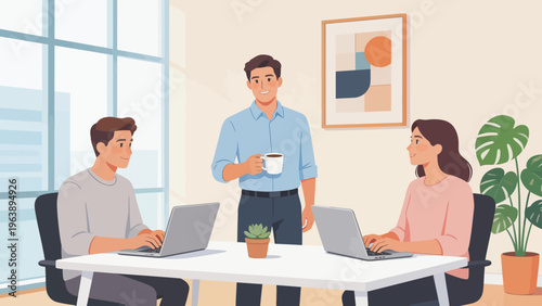 Office workers collaborating with laptops