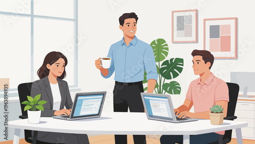 Office workers with laptops and coffee