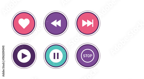 Collection of colorful music player interface icons includes a heart, rewind, fast forward, play, pause, and stop buttons on white.