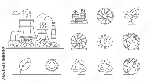 Industrial power plant silhouette with cooling tower and smoke emitting from smokestack representing energy production and manufacturing