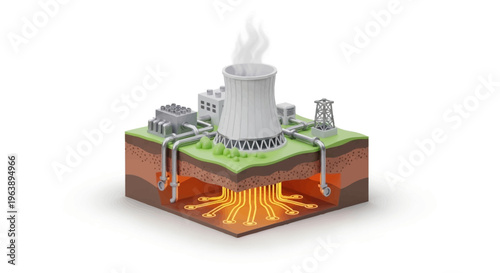 Cross-section of a modern nuclear power plant with cooling towers and underground infrastructure, illustrating energy production and distribution