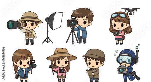 Cartoon photographers with equipment.