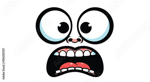 Expressive cartoon face shows extreme shock or terror with wide bulging eyes, a tiny nose, and an open mouth revealing teeth and tongue.