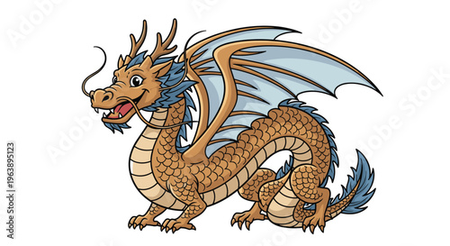 Friendly mythological dragon illustration features a brown scaly body with blue wings and a cheerful facial expression on a plain white.