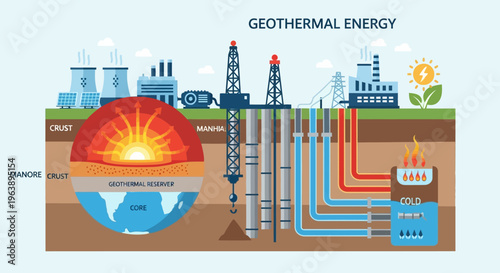 Comprehensive Diagram Illustrating Geothermal Energy Production Process from Earth's Core Heat for Sustainable Electricity Generation and Heating Systems