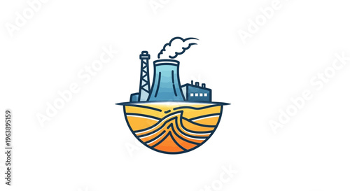 Industrial power plant with steam rising from chimney and layered earth below, representing energy production and geological resources