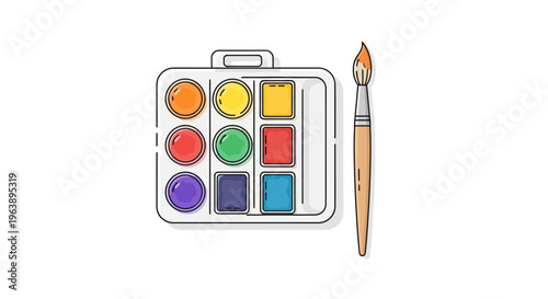 A watercolor paint set with multiple vibrant colors and a paintbrush for artistic creation