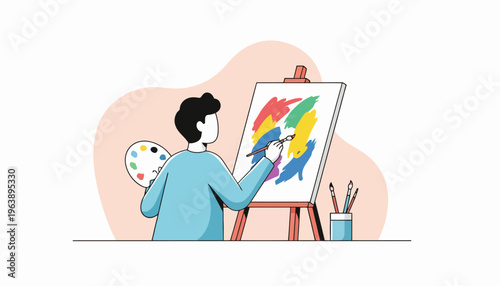 An artist is painting on a canvas with a brush and palette, illustrating the creative process in a vibrant and inspiring artistic endeavor