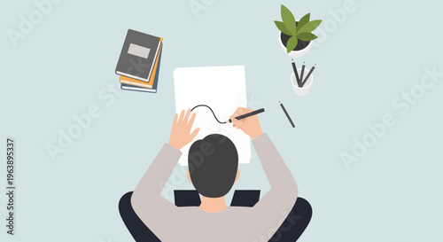 Top-down view of a person sitting at a desk, drawing on a blank sheet of paper with a pen, surrounded by office supplies