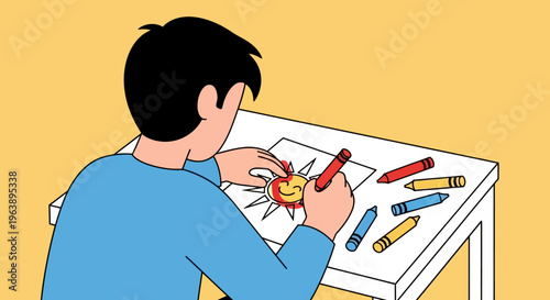 A creative child enjoys coloring a smiling sun with crayons on a white paper, illustrating a vibrant artistic pursuit
