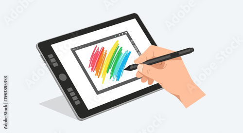 Hand using a stylus pen to create colorful digital art on a graphic tablet, illustrating creative design and modern artistic expression