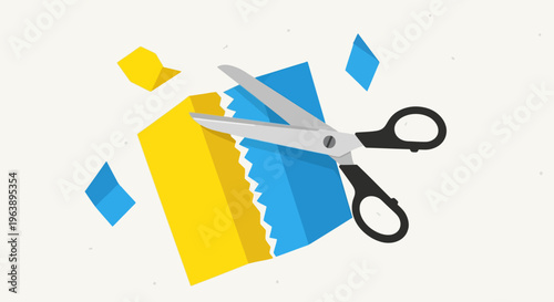Vibrant vector illustration featuring a sharp cutting tool precisely trimming a two-toned paper, symbolizing the creative process of crafting, editing, and customization
