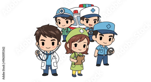 Cartoon emergency responders and doctor.