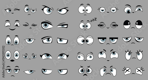 Comprehensive set of cartoon eye expressions shows a wide range of emotions from angry and sad to happy and sleepy on a gray base.