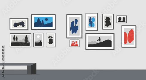 A thoughtfully curated collection of diverse abstract and landscape artworks displayed in a modern, minimalist art gallery setting, inviting contemplation and cultural appreciation