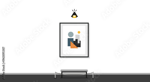 Art gallery exhibit featuring abstract geometric painting on a white wall with a bench and spotlight