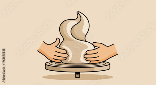 Artistic illustration of hands working with clay on a pottery wheel, representing the creative process, artisanal craft, and ceramic art production