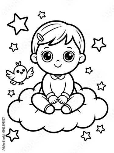 Dreamy Nighttime: A serene illustration of a baby surrounded by stars, sitting on a cloud, and accompanied by a small bird, creating a whimsical and comforting scene.
