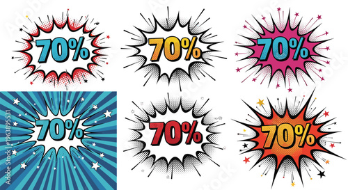 Variety of 70 percent discount offer badges are designed in several different comic book styles with starbursts and vibrant colors.
