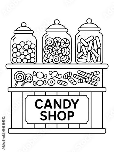Candy Shop Delights: A whimsical illustration of a charming candy shop, showcasing an assortment of colorful sweets, capturing the essence of childhood joy and sugary indulgence.
