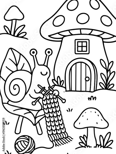 Snail's Cozy Knit: A whimsical illustration depicts a charming snail engrossed in knitting, crafting a cozy piece of fabric amidst a fanciful woodland scene.