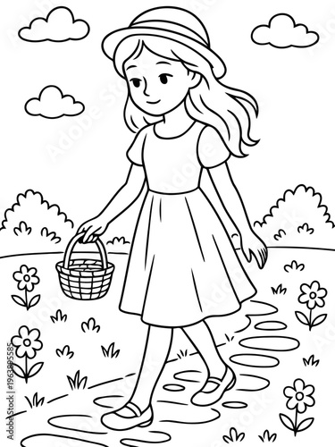 Girl's Picnic Walk: A young girl, strolls gracefully along a path, carrying a basket amidst blooming flowers and fluffy clouds, enjoying the essence of a cheerful day.