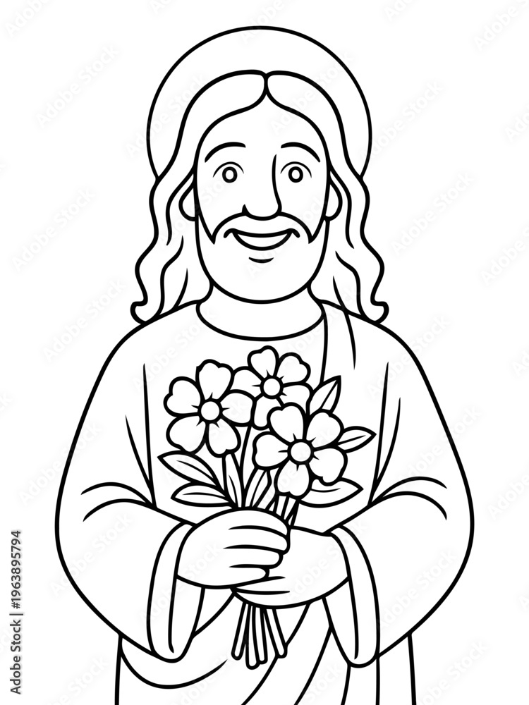 Obraz premium Saint holding flowers: A depiction of a saintly figure holding a bouquet of flowers, embodying purity, faith, and benevolence. 