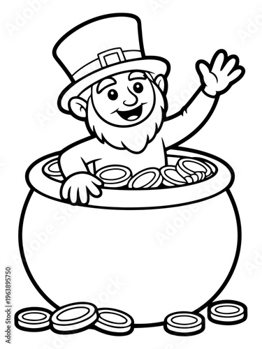 Leprechaun's Fortune: A cheerful leprechaun, nestled amidst a trove of golden coins in a pot, extends a welcoming gesture, embodying the spirit of luck and prosperity